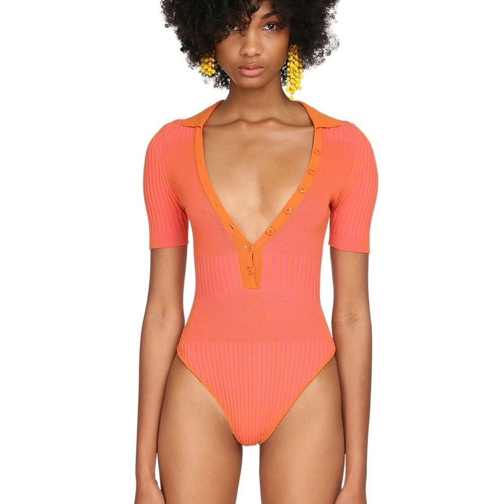 Jacquemus Women's Orange Yauco Button-down Ribbed-jersey Bodysuit. Size 36.